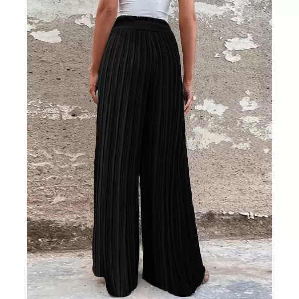 imagechouyatou Womens Summer High Waisted Pleated Wide Leg Pants Flowy Pants Palazzo Trousers CulottesBlack