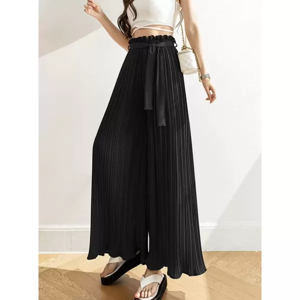 imagechouyatou Womens Summer High Waisted Pleated Wide Leg Pants Flowy Pants Palazzo Trousers CulottesBlack