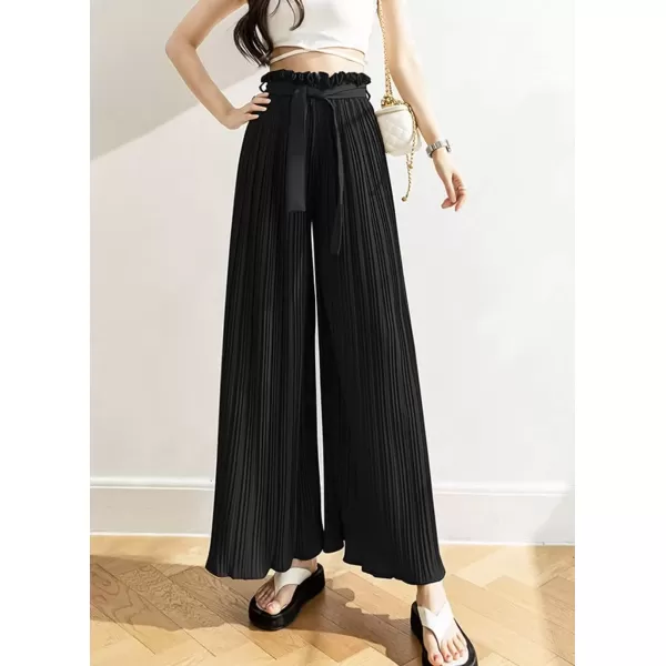 imagechouyatou Womens Summer High Waisted Pleated Wide Leg Pants Flowy Pants Palazzo Trousers CulottesBlack