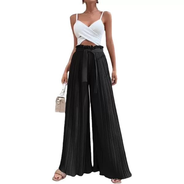 imagechouyatou Womens Summer High Waisted Pleated Wide Leg Pants Flowy Pants Palazzo Trousers CulottesBlack