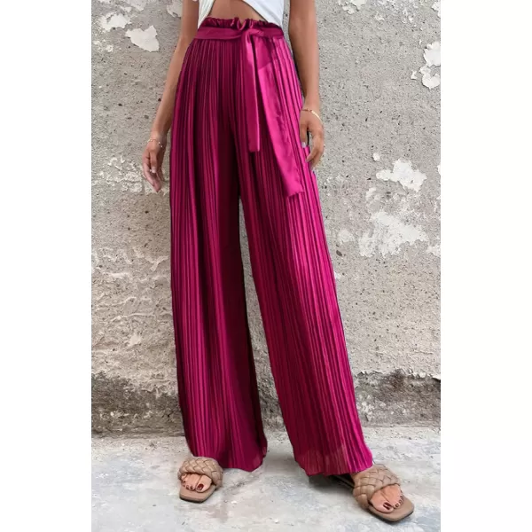 imagechouyatou Womens Summer High Waisted Pleated Wide Leg Pants Flowy Pants Palazzo Trousers CulottesBurgundy