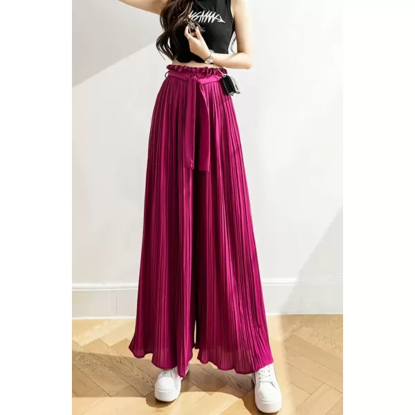 imagechouyatou Womens Summer High Waisted Pleated Wide Leg Pants Flowy Pants Palazzo Trousers CulottesBurgundy