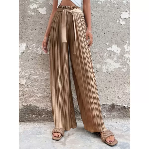 imagechouyatou Womens Summer High Waisted Pleated Wide Leg Pants Flowy Pants Palazzo Trousers CulottesKhaki