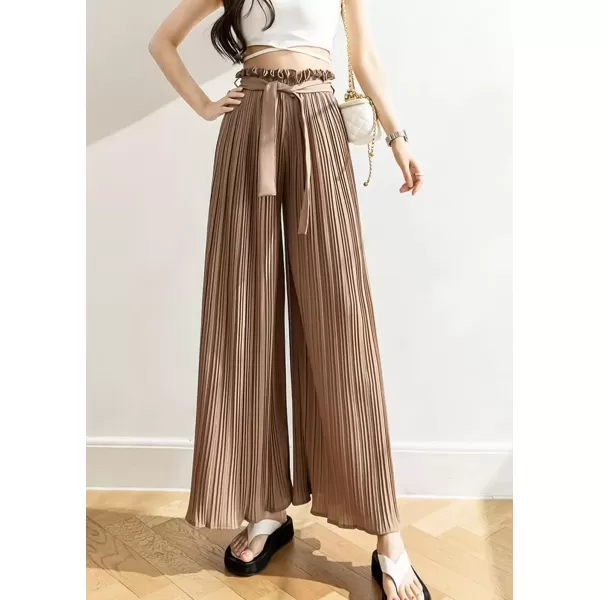 imagechouyatou Womens Summer High Waisted Pleated Wide Leg Pants Flowy Pants Palazzo Trousers CulottesKhaki