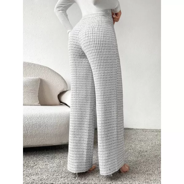 imagechouyatou Womens Tweed Plaid Wide Leg Pants High Waisted Business Work Trousers Long Straight Suit PantsWhite