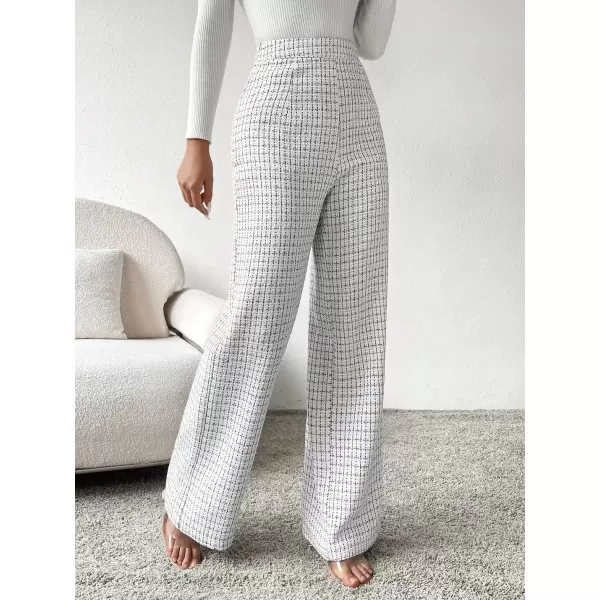 imagechouyatou Womens Tweed Plaid Wide Leg Pants High Waisted Business Work Trousers Long Straight Suit PantsWhite