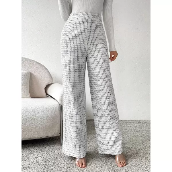 imagechouyatou Womens Tweed Plaid Wide Leg Pants High Waisted Business Work Trousers Long Straight Suit PantsWhite