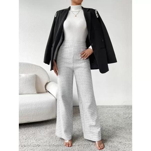 imagechouyatou Womens Tweed Plaid Wide Leg Pants High Waisted Business Work Trousers Long Straight Suit PantsWhite
