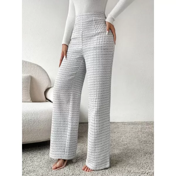 imagechouyatou Womens Tweed Plaid Wide Leg Pants High Waisted Business Work Trousers Long Straight Suit PantsWhite