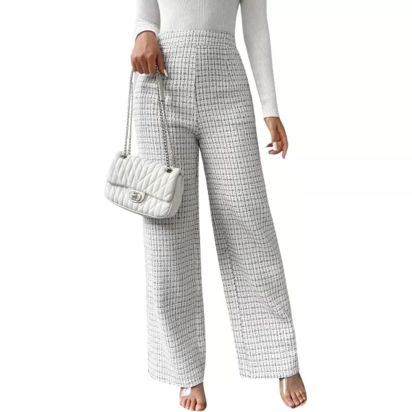 imagechouyatou Womens Tweed Plaid Wide Leg Pants High Waisted Business Work Trousers Long Straight Suit PantsWhite