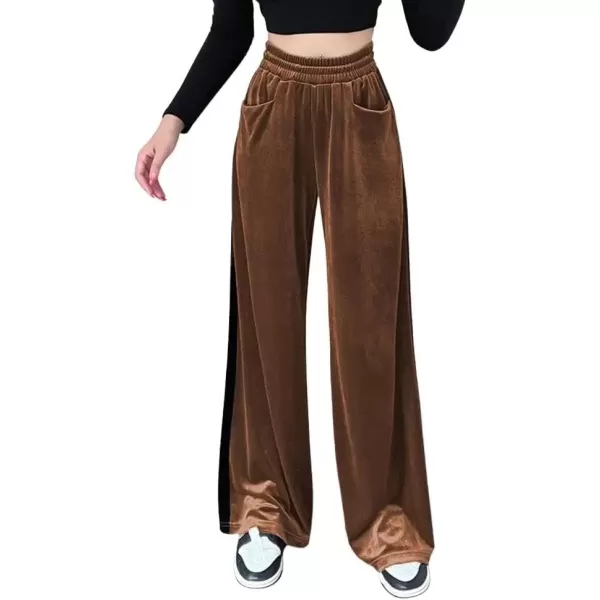 imagechouyatou Womens Velvet Wide Leg Pants Color Block Elastic Waist Casual Palazzo PantsBrown