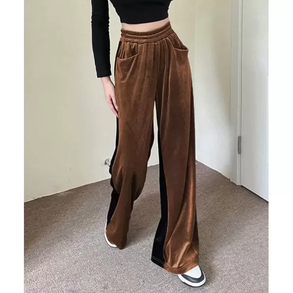 imagechouyatou Womens Velvet Wide Leg Pants Color Block Elastic Waist Casual Palazzo PantsBrown