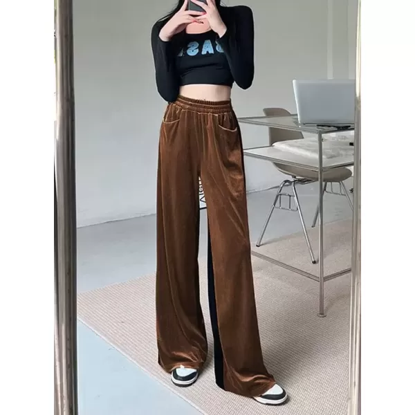 imagechouyatou Womens Velvet Wide Leg Pants Color Block Elastic Waist Casual Palazzo PantsBrown