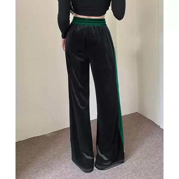 imagechouyatou Womens Velvet Wide Leg Pants Color Block Elastic Waist Casual Palazzo PantsDark Green