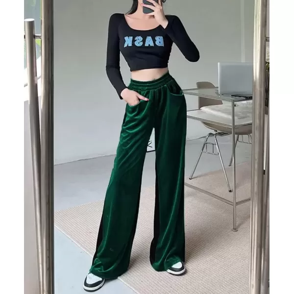 imagechouyatou Womens Velvet Wide Leg Pants Color Block Elastic Waist Casual Palazzo PantsDark Green
