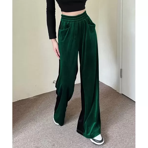 imagechouyatou Womens Velvet Wide Leg Pants Color Block Elastic Waist Casual Palazzo PantsDark Green