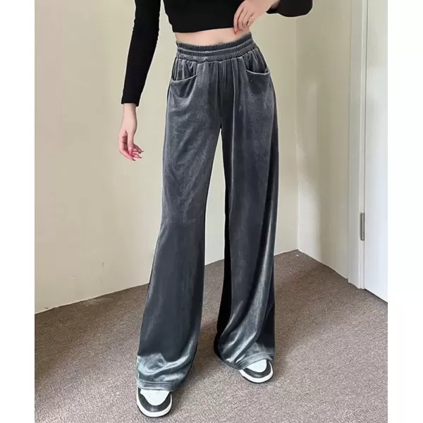 imagechouyatou Womens Velvet Wide Leg Pants Color Block Elastic Waist Casual Palazzo PantsGray
