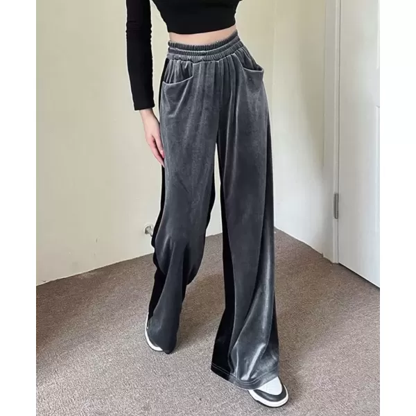 imagechouyatou Womens Velvet Wide Leg Pants Color Block Elastic Waist Casual Palazzo PantsGray