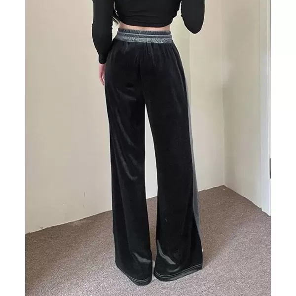 imagechouyatou Womens Velvet Wide Leg Pants Color Block Elastic Waist Casual Palazzo PantsGray