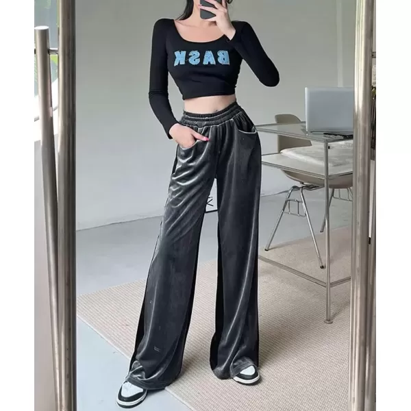 imagechouyatou Womens Velvet Wide Leg Pants Color Block Elastic Waist Casual Palazzo PantsGray
