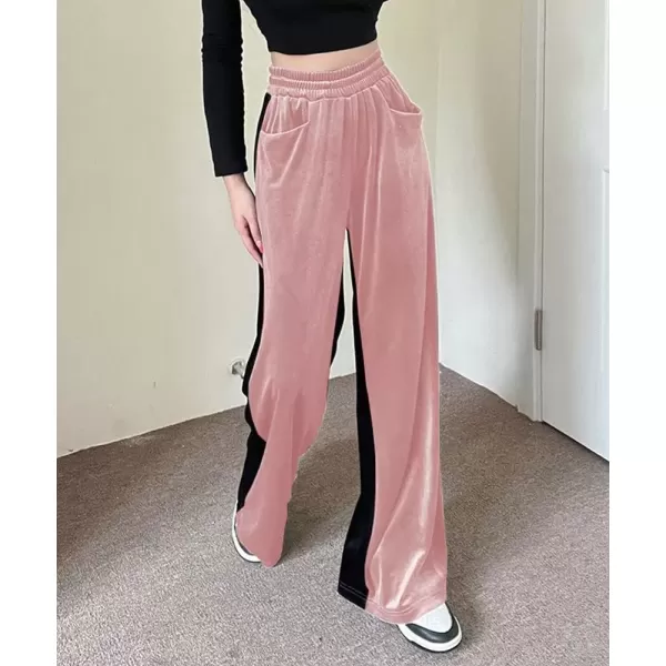 imagechouyatou Womens Velvet Wide Leg Pants Color Block Elastic Waist Casual Palazzo PantsPink