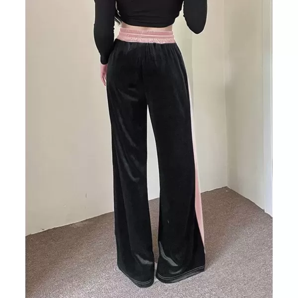 imagechouyatou Womens Velvet Wide Leg Pants Color Block Elastic Waist Casual Palazzo PantsPink