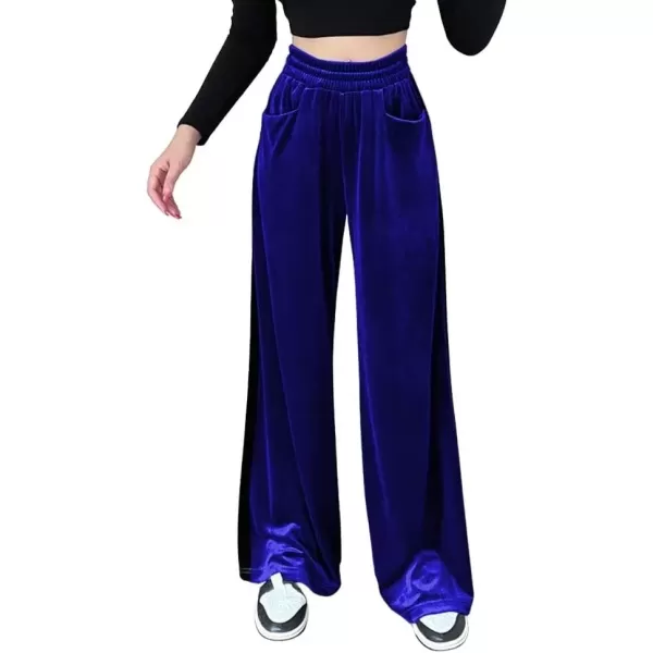 imagechouyatou Womens Velvet Wide Leg Pants Color Block Elastic Waist Casual Palazzo PantsRoyal Blue