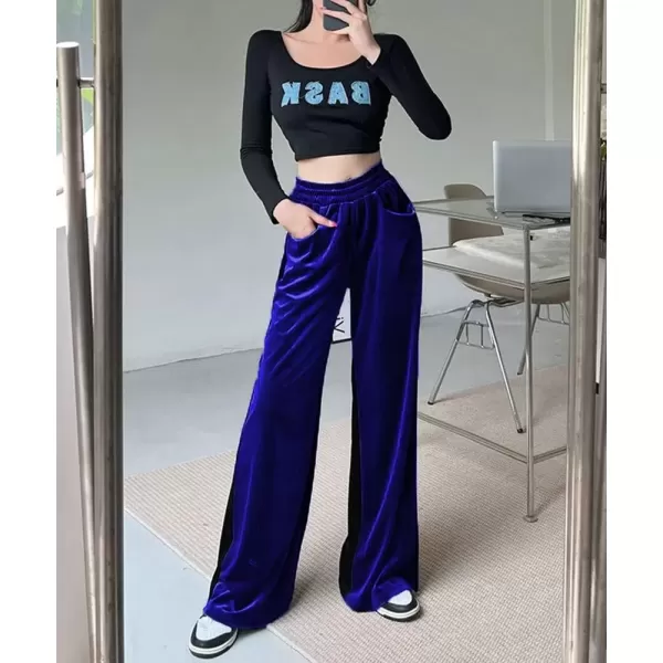 imagechouyatou Womens Velvet Wide Leg Pants Color Block Elastic Waist Casual Palazzo PantsRoyal Blue