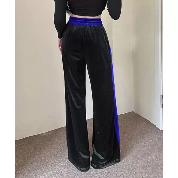 imagechouyatou Womens Velvet Wide Leg Pants Color Block Elastic Waist Casual Palazzo PantsRoyal Blue