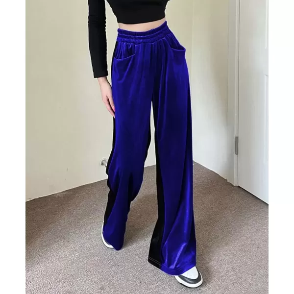 imagechouyatou Womens Velvet Wide Leg Pants Color Block Elastic Waist Casual Palazzo PantsRoyal Blue