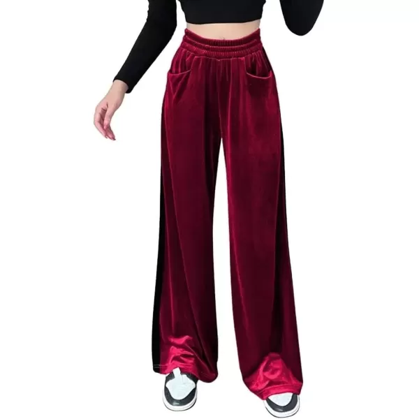 imagechouyatou Womens Velvet Wide Leg Pants Color Block Elastic Waist Casual Palazzo PantsWine Red