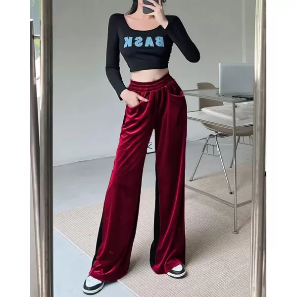 imagechouyatou Womens Velvet Wide Leg Pants Color Block Elastic Waist Casual Palazzo PantsWine Red