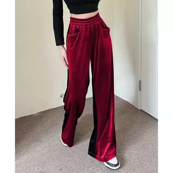 imagechouyatou Womens Velvet Wide Leg Pants Color Block Elastic Waist Casual Palazzo PantsWine Red