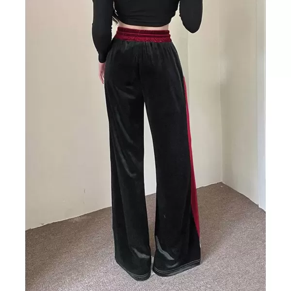 imagechouyatou Womens Velvet Wide Leg Pants Color Block Elastic Waist Casual Palazzo PantsWine Red