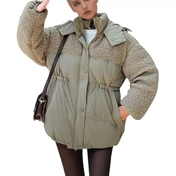 imagechouyatou Womens Winter Baggy Sherpa Puffer Jacket Zip Up Hooded Quilted Down Coat OuterwearArmy Green