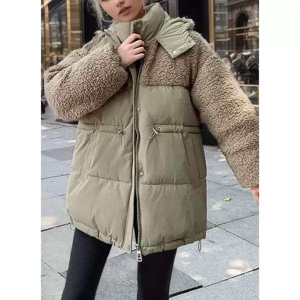 imagechouyatou Womens Winter Baggy Sherpa Puffer Jacket Zip Up Hooded Quilted Down Coat OuterwearArmy Green