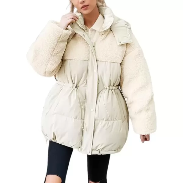 imagechouyatou Womens Winter Baggy Sherpa Puffer Jacket Zip Up Hooded Quilted Down Coat OuterwearBeige