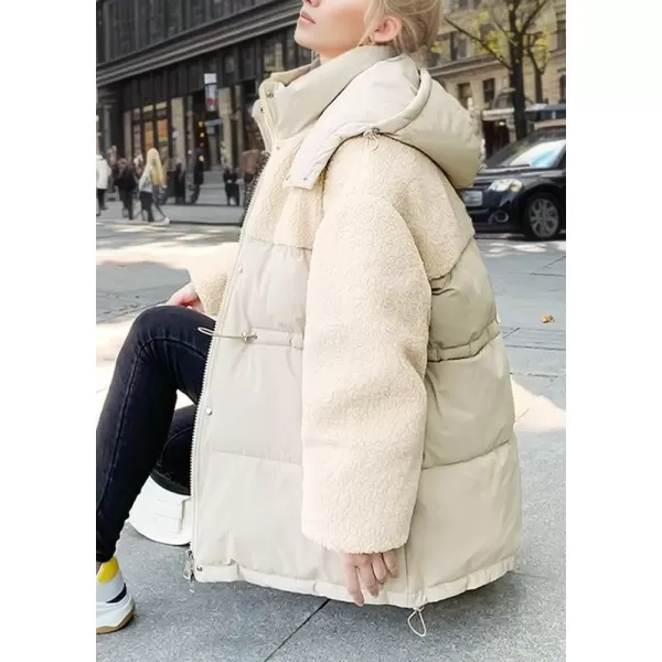 imagechouyatou Womens Winter Baggy Sherpa Puffer Jacket Zip Up Hooded Quilted Down Coat OuterwearBeige