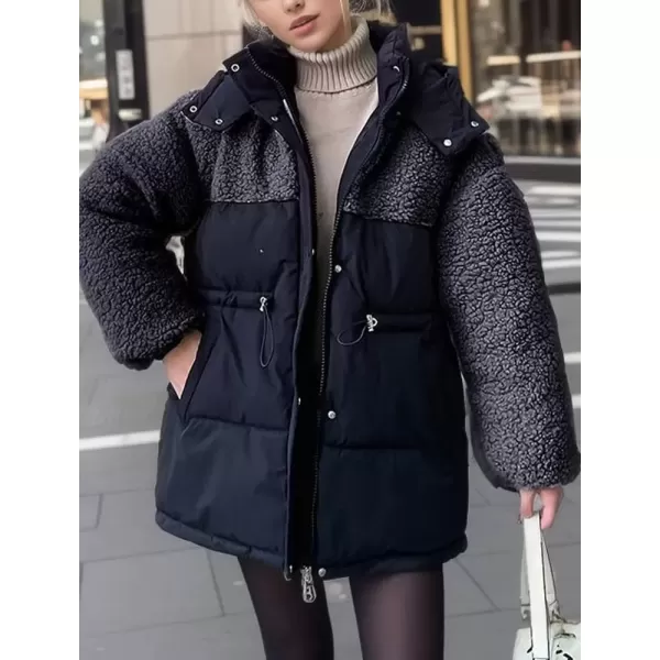 imagechouyatou Womens Winter Baggy Sherpa Puffer Jacket Zip Up Hooded Quilted Down Coat OuterwearBlack