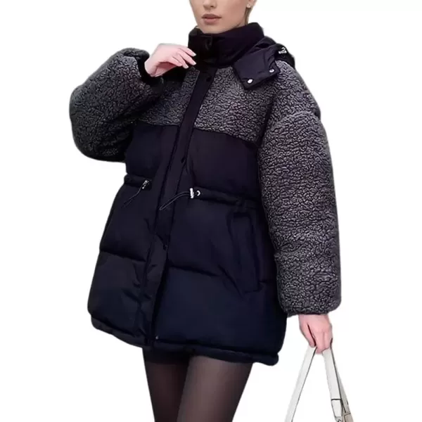 imagechouyatou Womens Winter Baggy Sherpa Puffer Jacket Zip Up Hooded Quilted Down Coat OuterwearBlack