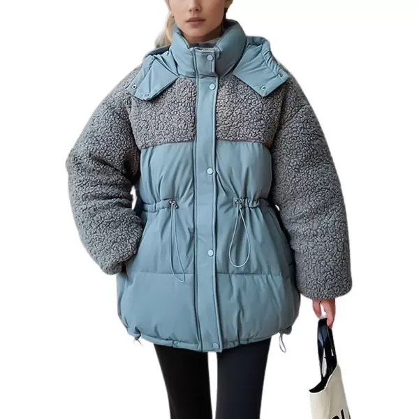 imagechouyatou Womens Winter Baggy Sherpa Puffer Jacket Zip Up Hooded Quilted Down Coat OuterwearBlue