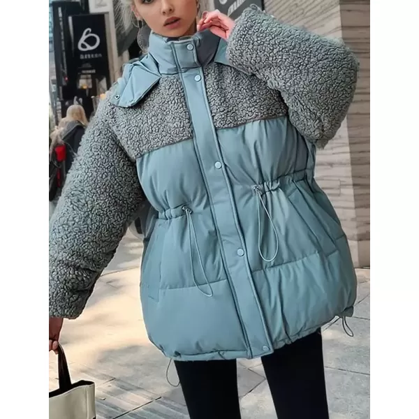 imagechouyatou Womens Winter Baggy Sherpa Puffer Jacket Zip Up Hooded Quilted Down Coat OuterwearBlue
