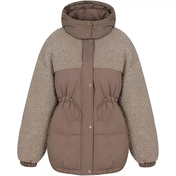 imagechouyatou Womens Winter Baggy Sherpa Puffer Jacket Zip Up Hooded Quilted Down Coat OuterwearCoffee