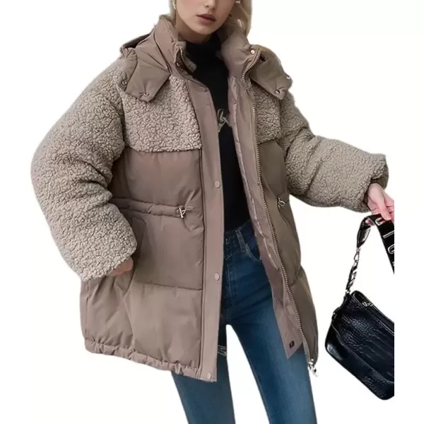 imagechouyatou Womens Winter Baggy Sherpa Puffer Jacket Zip Up Hooded Quilted Down Coat OuterwearCoffee