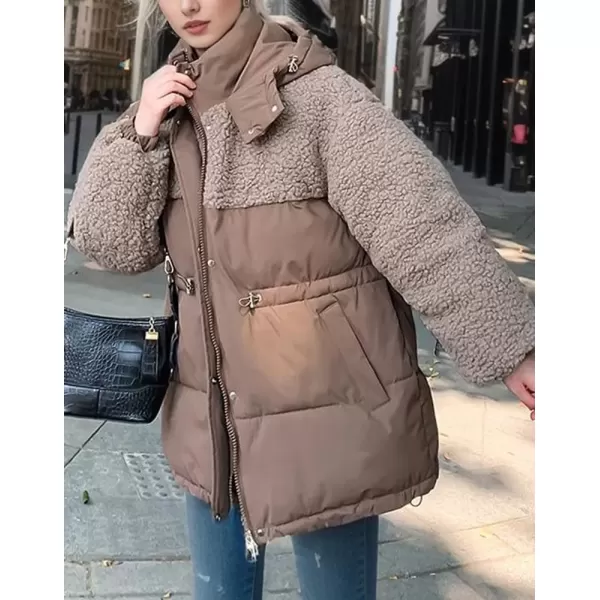 imagechouyatou Womens Winter Baggy Sherpa Puffer Jacket Zip Up Hooded Quilted Down Coat OuterwearCoffee