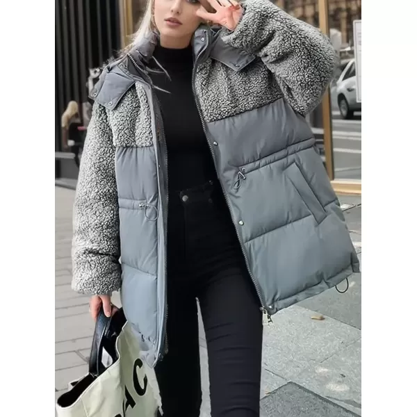 imagechouyatou Womens Winter Baggy Sherpa Puffer Jacket Zip Up Hooded Quilted Down Coat OuterwearGrey