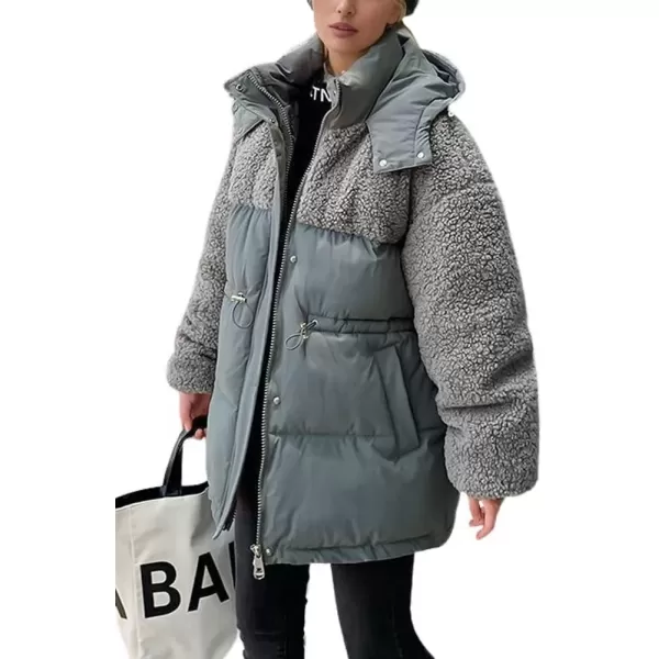 imagechouyatou Womens Winter Baggy Sherpa Puffer Jacket Zip Up Hooded Quilted Down Coat OuterwearGrey