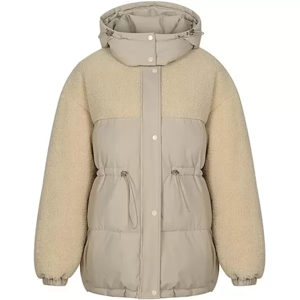 imagechouyatou Womens Winter Baggy Sherpa Puffer Jacket Zip Up Hooded Quilted Down Coat OuterwearKhaki