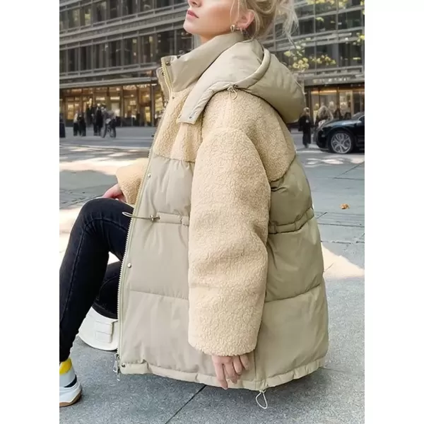 imagechouyatou Womens Winter Baggy Sherpa Puffer Jacket Zip Up Hooded Quilted Down Coat OuterwearKhaki