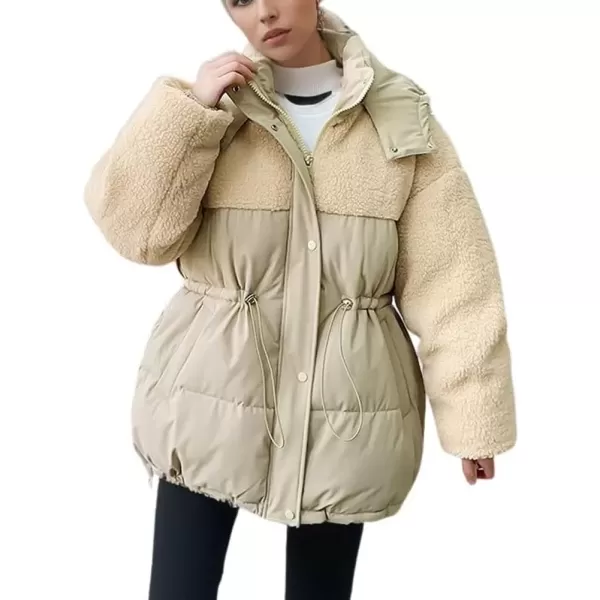 imagechouyatou Womens Winter Baggy Sherpa Puffer Jacket Zip Up Hooded Quilted Down Coat OuterwearKhaki